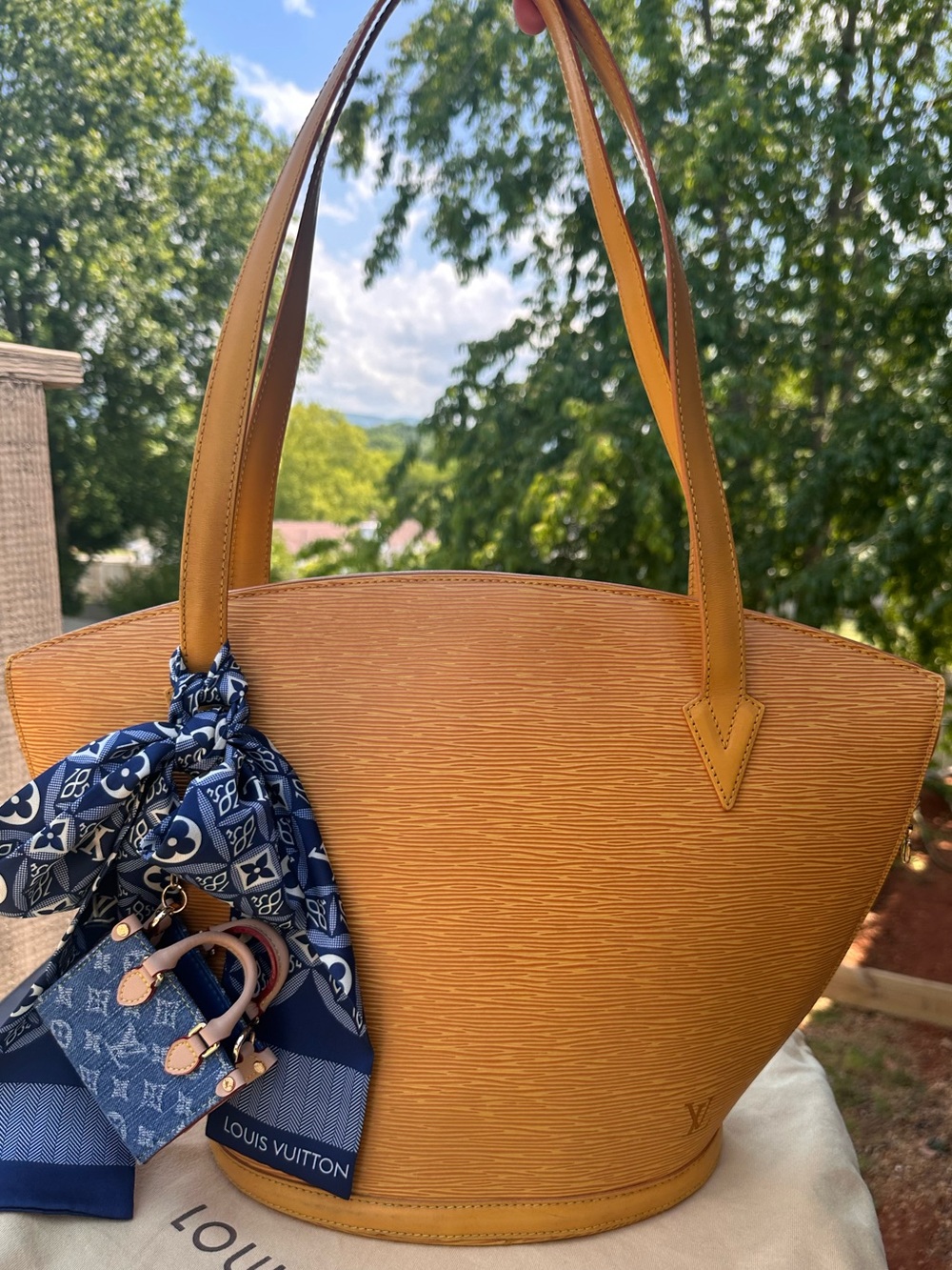 Louis Vuitton Epi Yellow Tote with Novelty Scarf and Novelty Denim Bag Charm